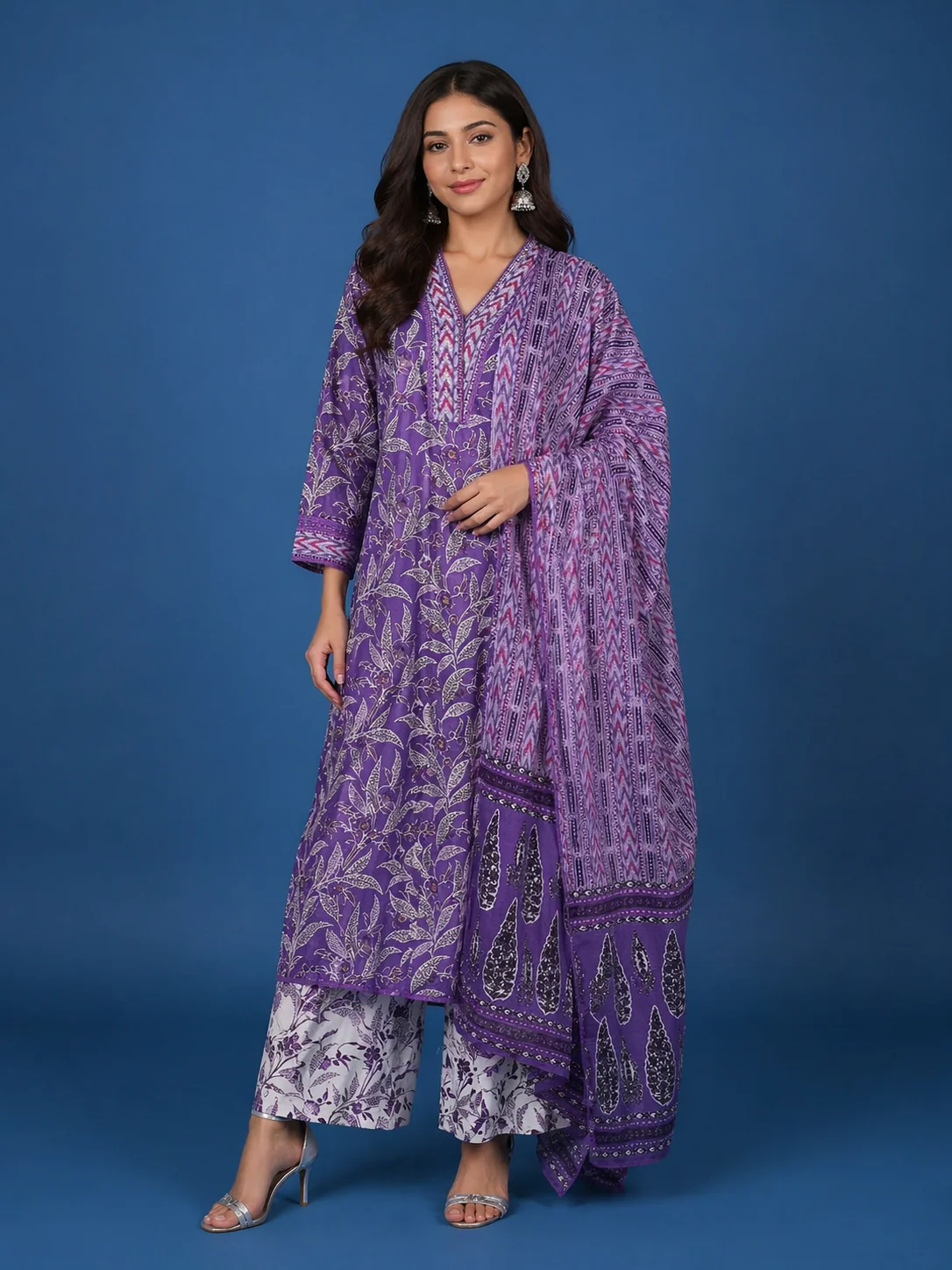 Lavender Floral Designed Cotton Straight Cut Salwar Suit